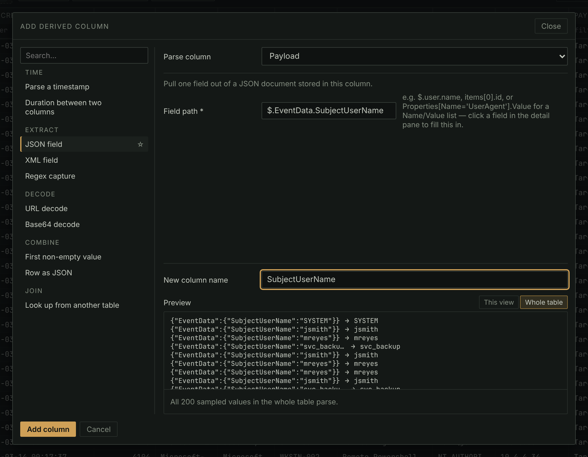 The Add derived column dialog lifting a field out of each row's JSON payload, with a preview