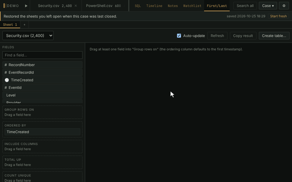 Starting from an empty sheet, grouping logons on Computer to get the first and last event of each host, then including MapDescription to show what each one was
