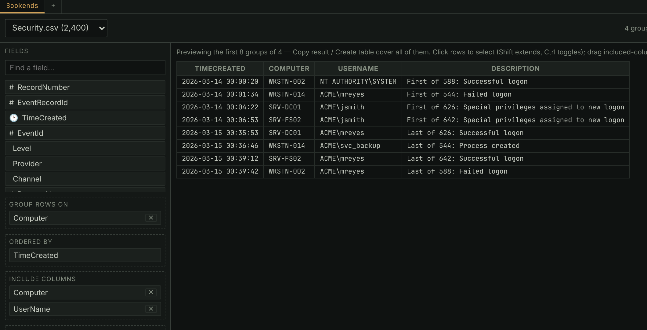 The first_last plugin grouping logons by host, listing the first and last event of each