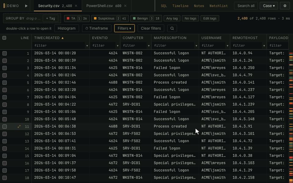 Picking EVTX — Logons from Filters ▾ on an EvtxECmd table, clearing it, then stepping into the first shipped filter with the next-filter key and back out again