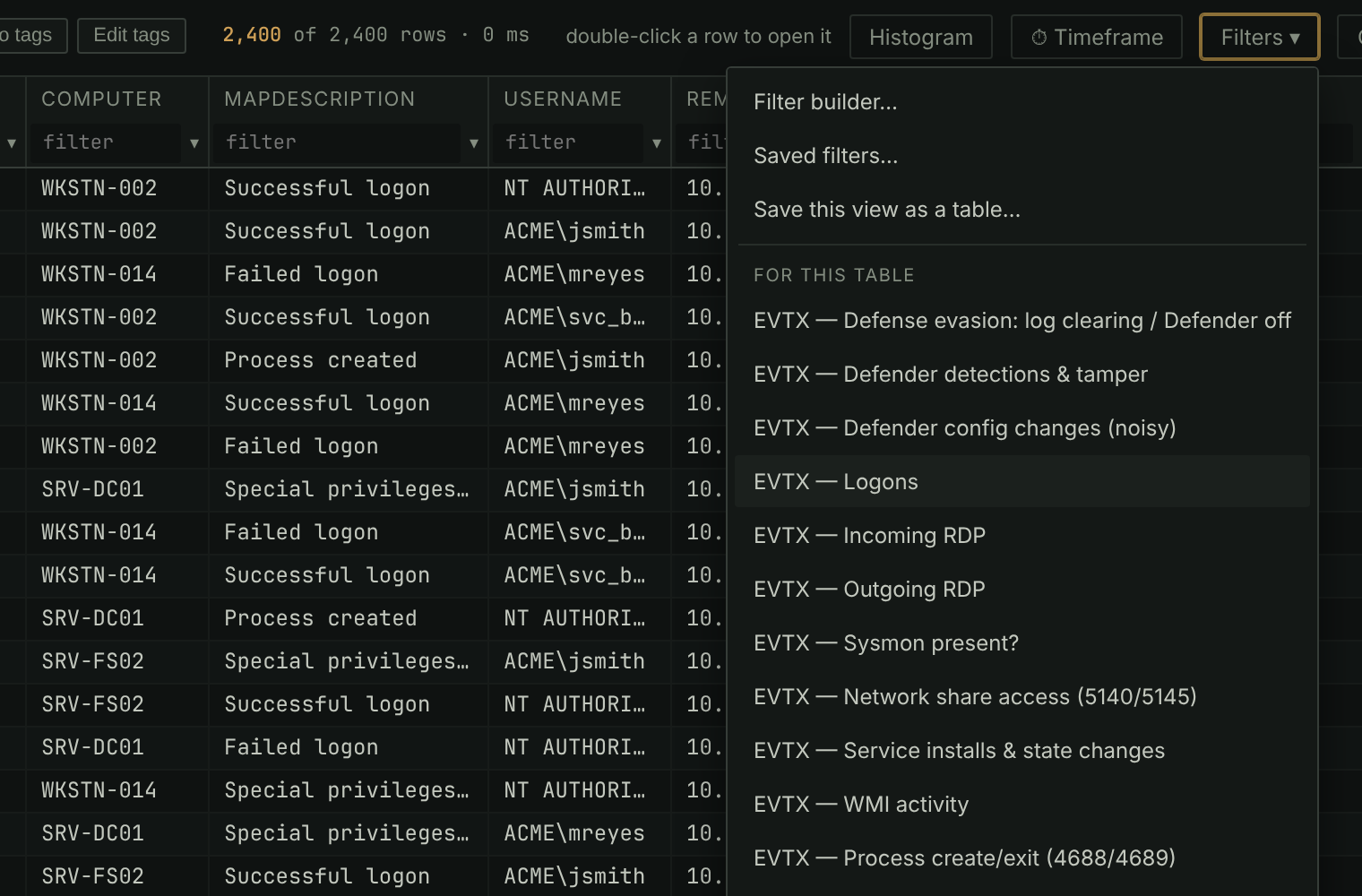 The Filters menu on an EvtxECmd table, listing the shipped EVTX triage filters