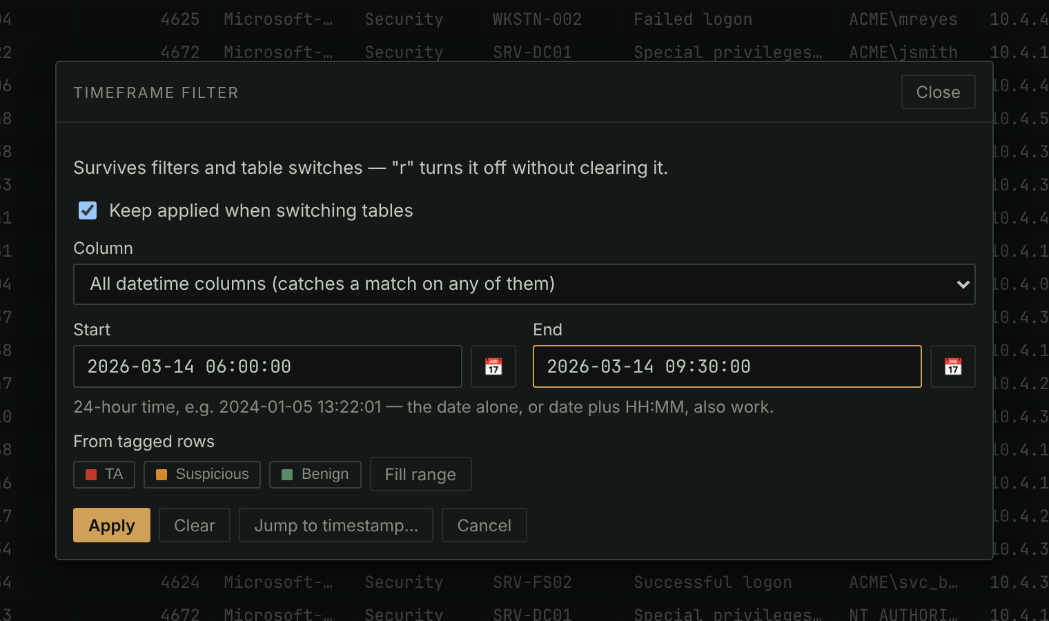 The Timeframe filter dialog with a start and end time across all datetime columns